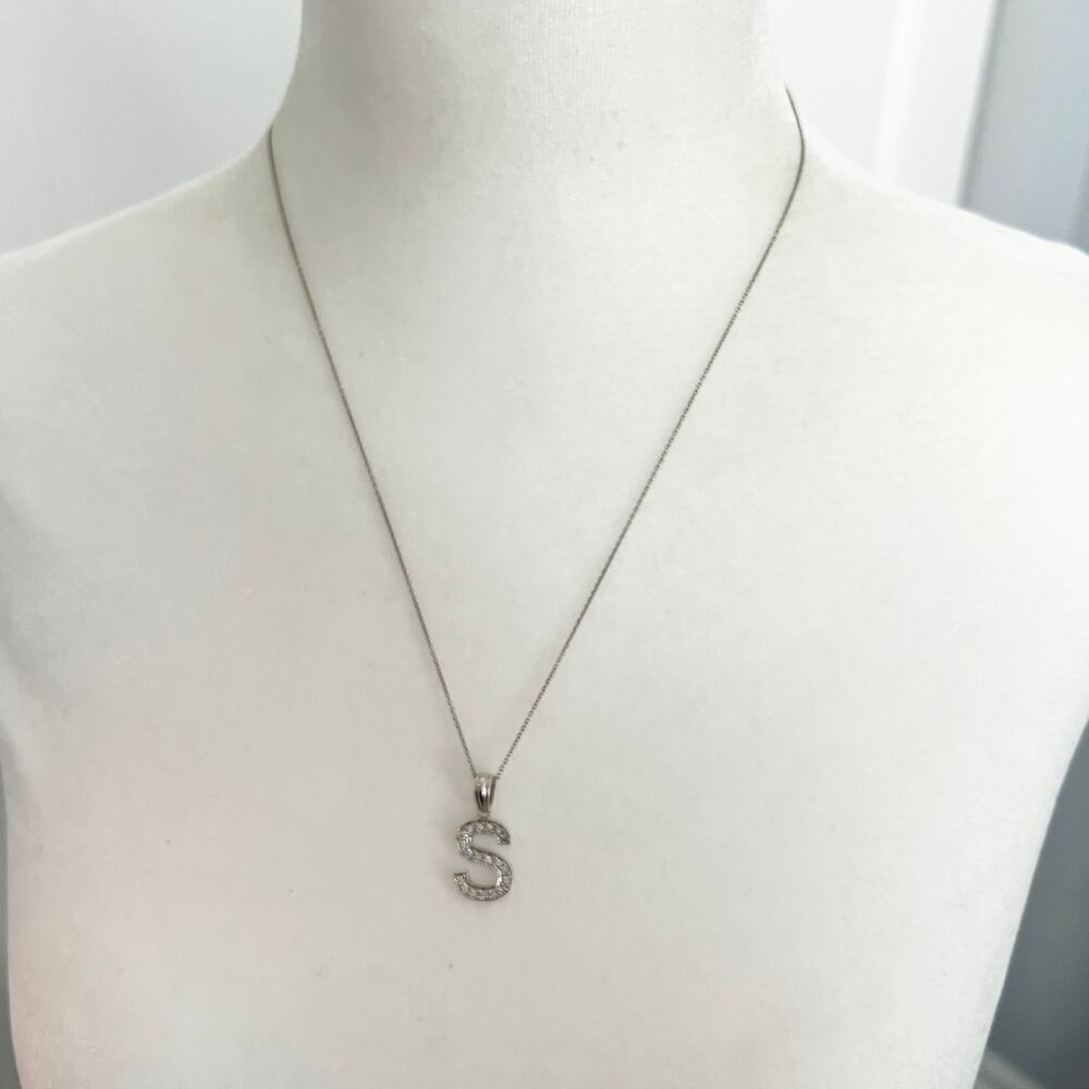 Sterling Silver 925 Rhinestone Studded S Initial Pendant Necklace
